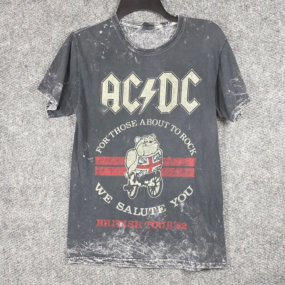 AC/DC Mens S T-Shirt Black Acid Wash British Tour 82 Graphic Tee Cotton